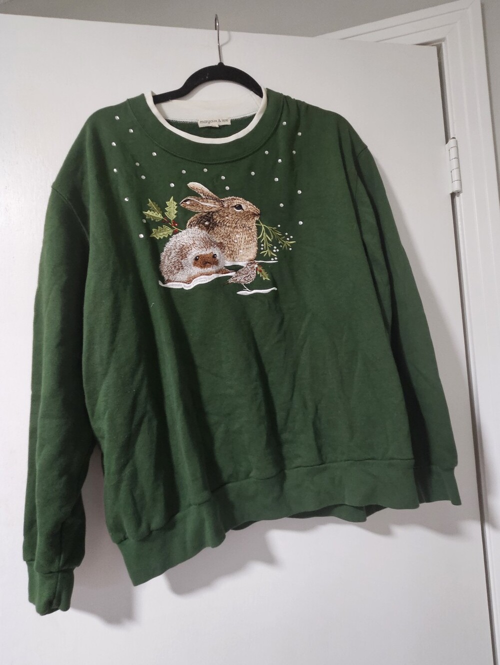 Margaux & Lexi Green Christmas Sweatshirt Rabbit Hedgehog Rhinestone XXL